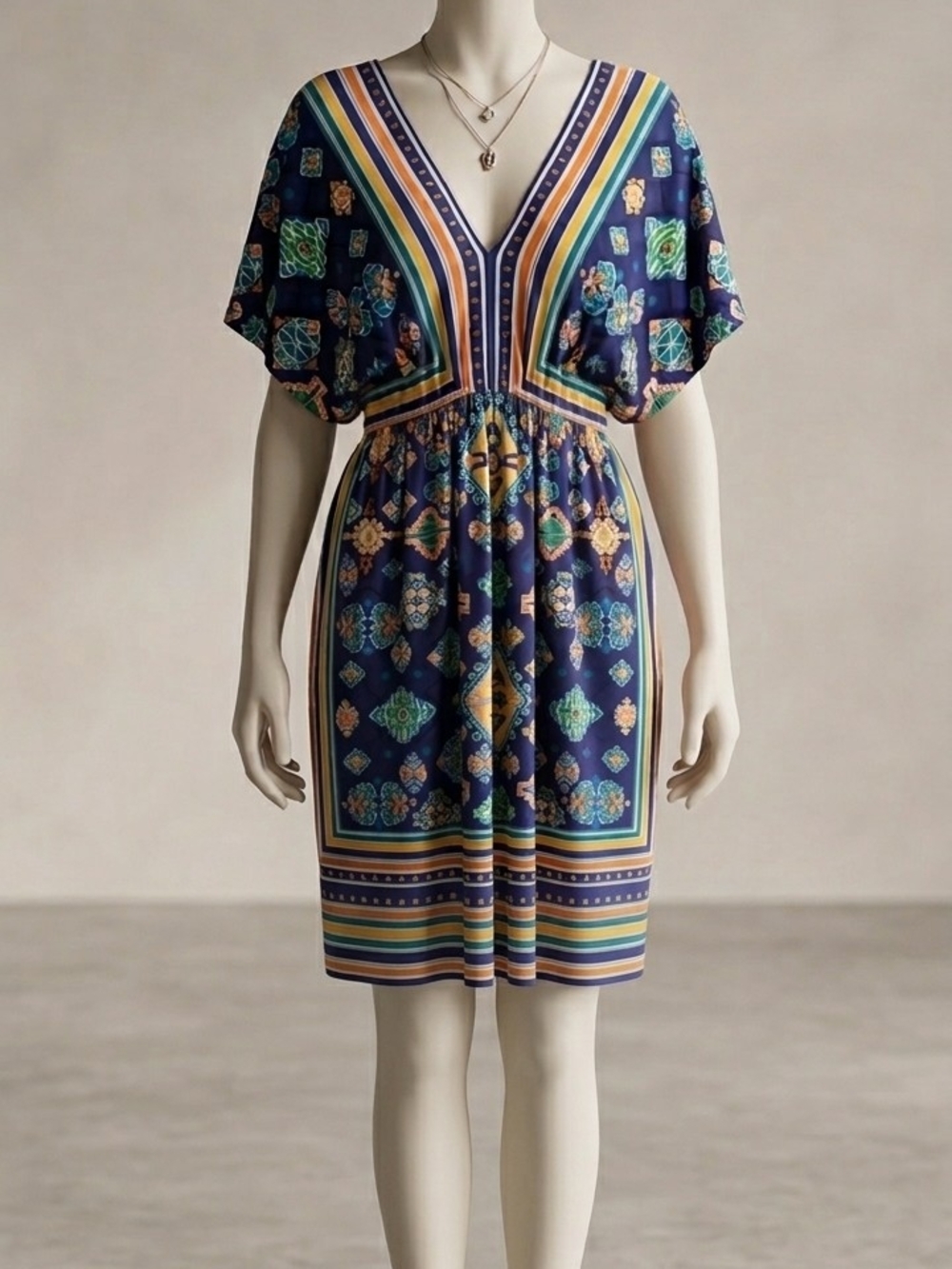 Navy V-Neck Midi Dress with Multicolor Geometric Print
